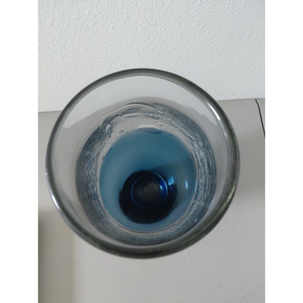 Ombre Blue Thick Glass Vase Mid Stripe Extended Bubbles Ocean Artistic Large MCM - Picture 8 of 11